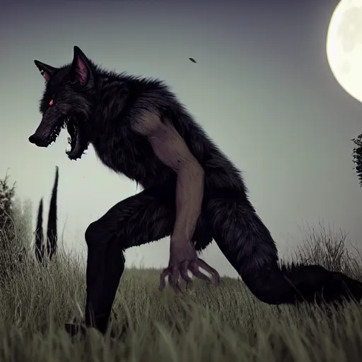 Image similar to young man transforming into a feral werewolf under the moon with black soft realistic fur, ultra detail, unreal engine, 8 k, ssao