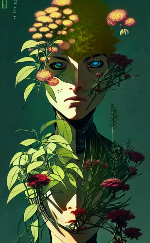 Image similar to a cyborg in some plants with flowers for a face by satoshi kon and greg rutkowski, 7 0's vintage sci - fi flat surreal design