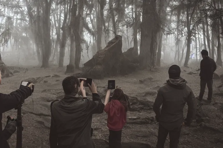 Image similar to photo of people taking pictures of an scp creature, eerie atmosphere, fear, mystery, dramatic, 8 k uhd