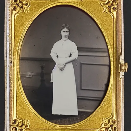 Prompt: a studio photo from 1860 of an Edwardian era dressed lady, full figure, 8mm,