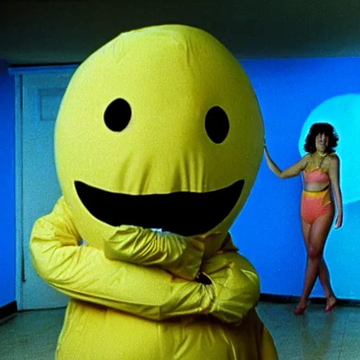 Image similar to still from a 1994 arthouse film about a depressed woman dressed as an inflatable smiley who meets a handsome younger man in a seedy motel room, color film, 16mm soft light, weird art on the wall