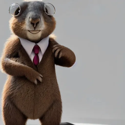 Image similar to cute anthro brown marmot in a suit while holding a pencil, cartoon, digital art, 3 d rendered in octane, pixar character, blender, maya, shadows, lighting