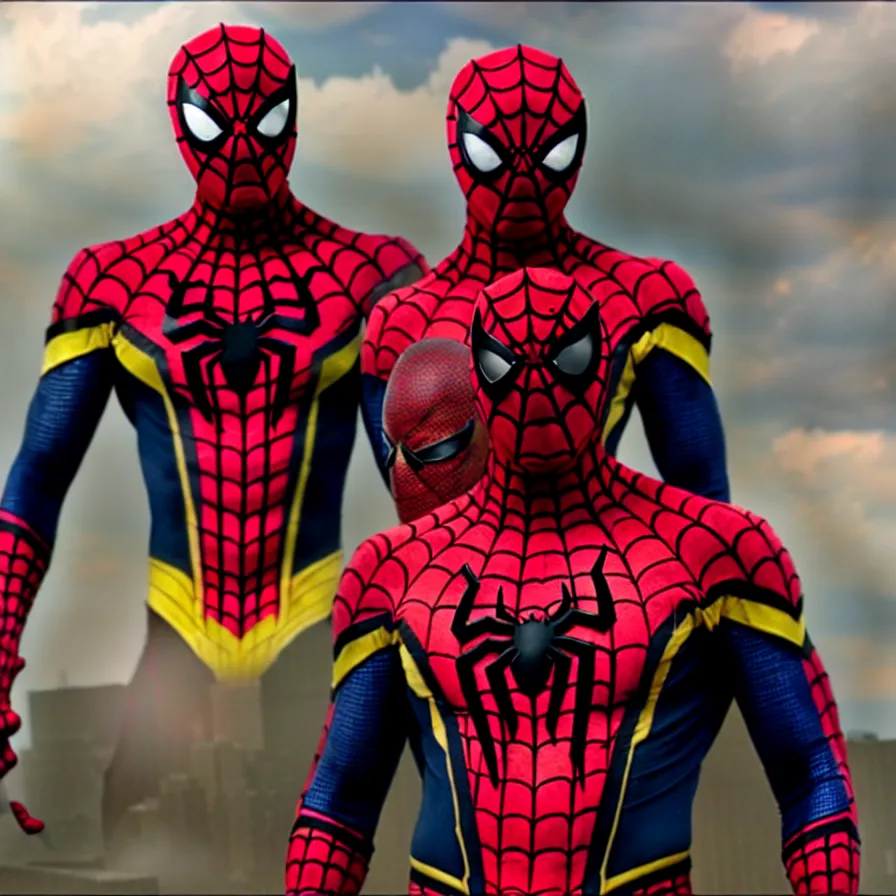 Prompt: red and yellow, dark fantasy spiderman outfit, large eyes, white webbing, movie still from the avengers