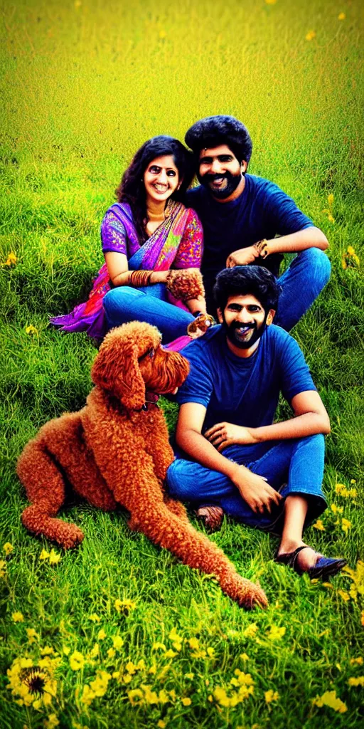 Image similar to an indian couple sitting with their bernedoodle puppy, in a field, very colorful, very cute, highly detailed, trending on artstation.