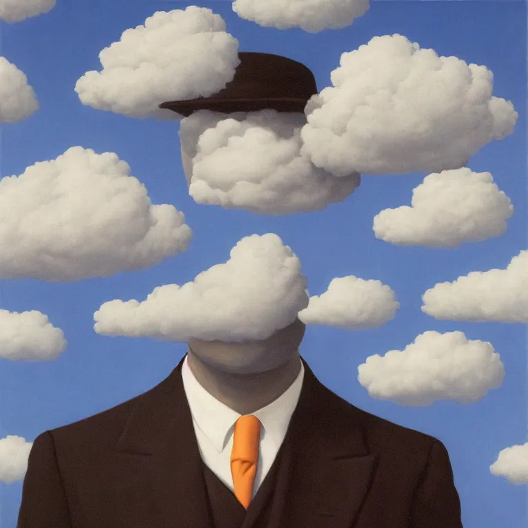 Image similar to portrait of a faceless shadow - head man in a suit, clouds in the background, by rene magritte, detailed painting, distance, middle centered, hd, hq, high resolution, high detail, 4 k, 8 k