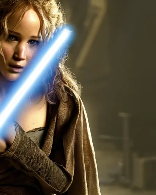 Image similar to jennifer lawrence as a jedi with ripped and damaged clothes holding a single lightsaber, blue coloured, in her hands, very dark background, official new star wars episode xi movie poster from lucas arts, perfect symmetrical face, moody lighting, 8 k, shallow depth of field, intricate detail,