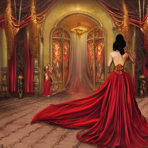Image similar to an extremely detailed matte painting of a vampire queen in a resplendent and ostentatiously beautiful dark red dress with gold trim and black high heeled shoes at a masquerade ball, epic fantasy, viewed in profile from far away, sharp focus, detailed face, art by greg rutkowski and alphonse mucha, volumetric lighting, 4 k resolution, artstation