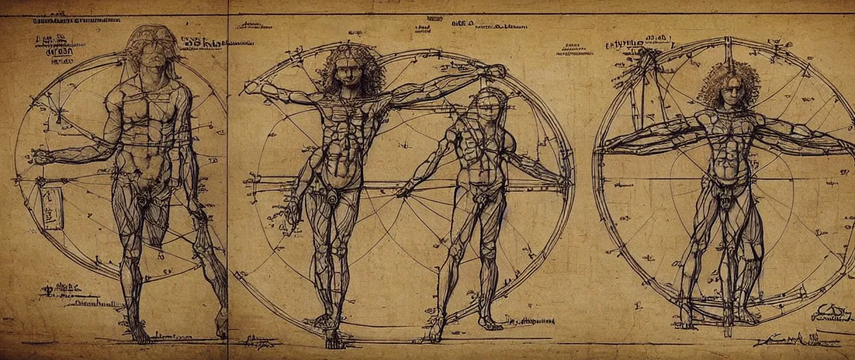 Image similar to a side-by-side leonardo davinci sketch of hypothethical creativity amplifcation devices worn by a vitruvian man and vitruvian woman, intricately detailed, in the style of a patent diagram