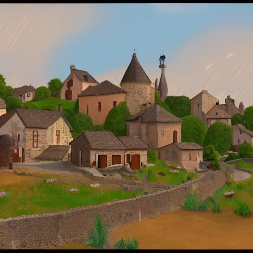 Image similar to digital art of a small village in medieval France in the style of Deiv Calviz, 4K