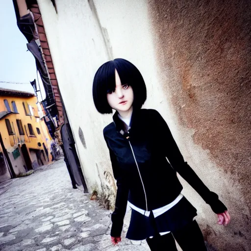 Image similar to 1 7 - year - old pale - skinned anime girl with black long bob cut, long bangs, black gothic jacket, black jeans, running through italian town, yellow sunshine, sepia sun, strong lighting, strong shadows, vivid hues, ultra - realistic, sharp details, subsurface scattering, intricate details, hd anime, 2 0 1 9 anime