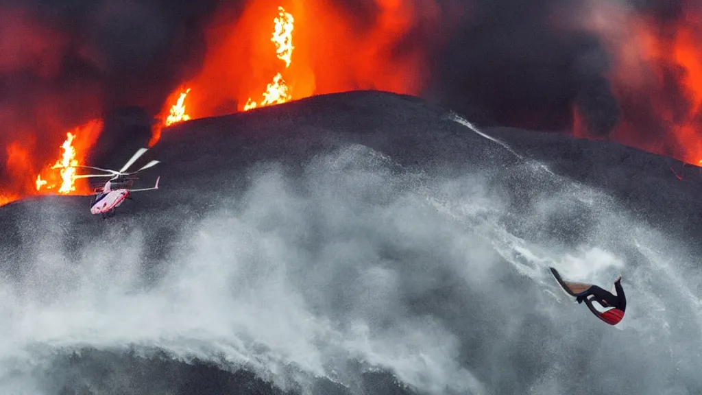 Prompt: person wearing a sponsored team jersey with logos jumping out of a helicopter with a surfboard into a volcano, action shot, dystopian, thick black smoke and fire, sharp focus