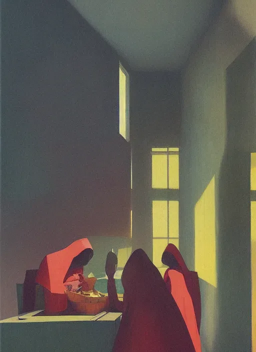 Image similar to women in paper bag over the head and a sward at neo-andean architecture restaurant Edward Hopper and James Gilleard, Zdzislaw Beksinski, highly detailed