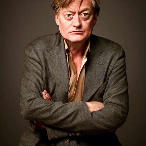 Image similar to uhd candid photo of stephen j. fry, with accurate face, uhd, studio lighting, correct face, photo by annie leibovitz