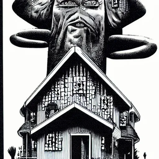 Image similar to a house with a face, looking surprised, by richard corben. pulp horror art