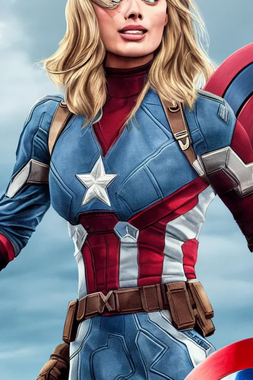 Prompt: Margot Robbie as Captain America, highly detailed, 4k HD, hyper-realistic, digital art