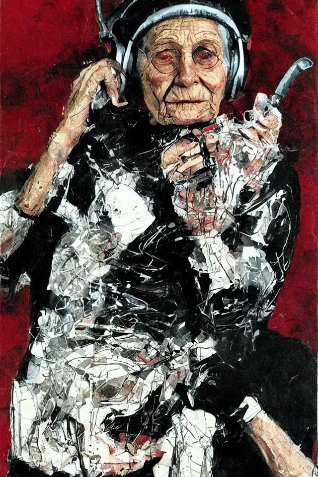 Prompt: Portrait of old age grandpa granny wearing a latex gimp suit, wearing headphones and a bone in hand by bill sienkiewicz