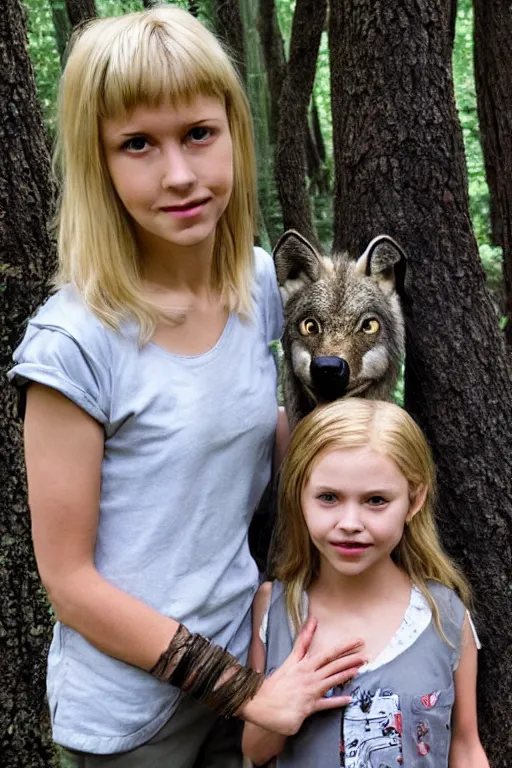 Image similar to young seven year old, blond hair green eyes ; girl, rinding a gray wolf, in a dark forest, pixar