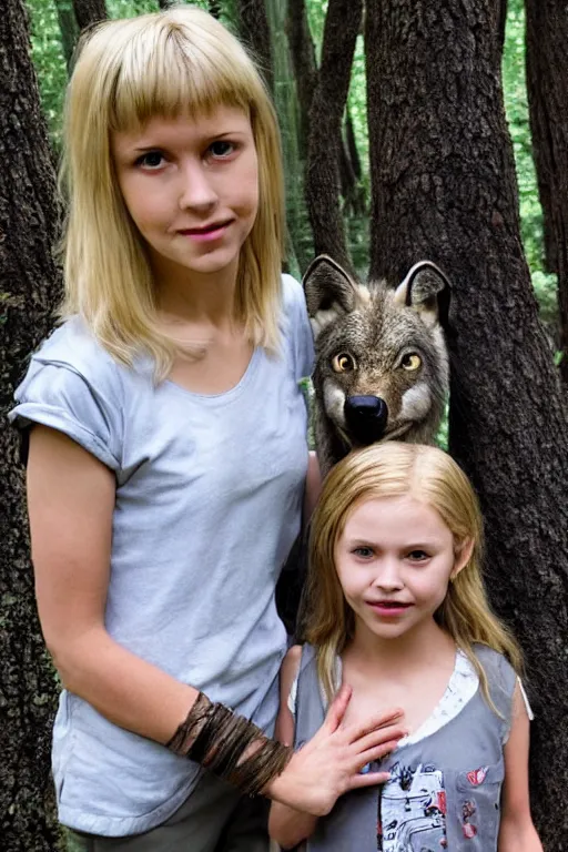 Prompt: young seven year old, blond hair green eyes ; girl, rinding a gray wolf, in a dark forest, pixar