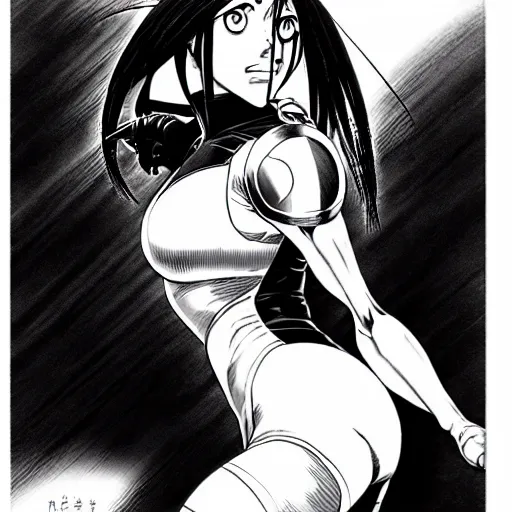 Image similar to alita by yukito kishiro. medium shot. black and white manga. pencil drawing.