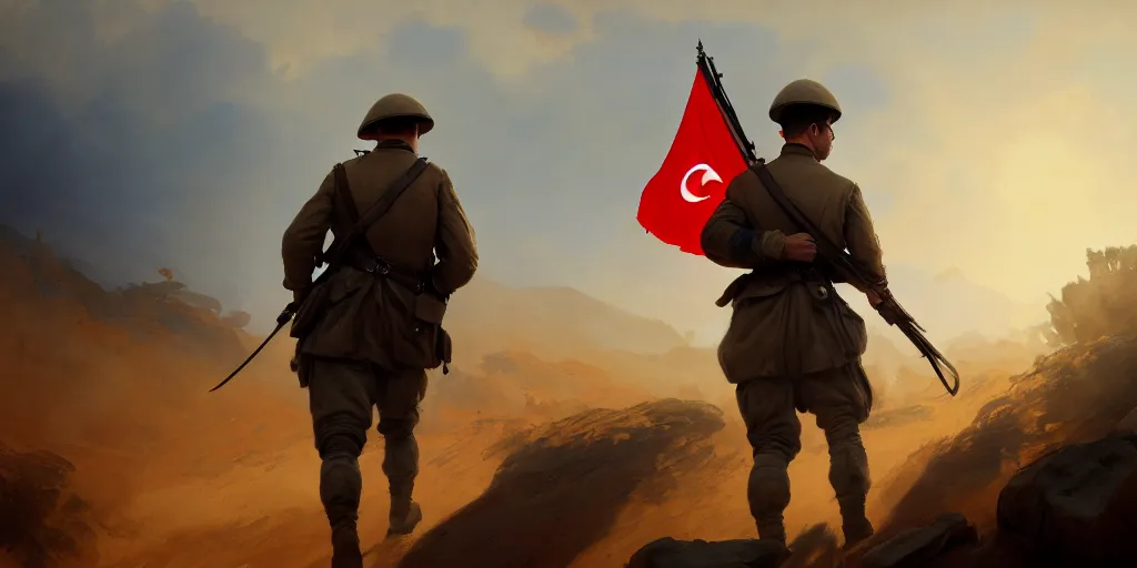 Prompt: a soldier is carrying the turkish flag on a gallipoli campaign, battlefield 1, extremely detailed digital painting, in the style of fenghua zhong and ruan jia and jeremy lipking and peter mohrbacher, mystical colors, rim light, beautiful lighting, 8 k, stunning scene, raytracing, octane, trending on artstation