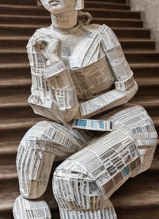 Image similar to a portrait of a beautiful young woman paper mache wrapped and made of newspaper, sitting relax and happy, marble stairs on the the background hyper realistic, 8 k,