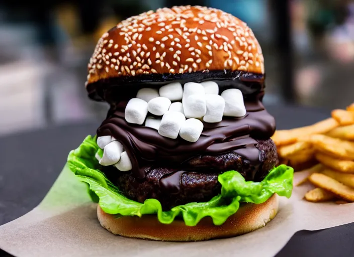 Image similar to dslr food photograph of burger with a layer of marshmallows in it, chocolate sauce, 8 5 mm f 1. 8