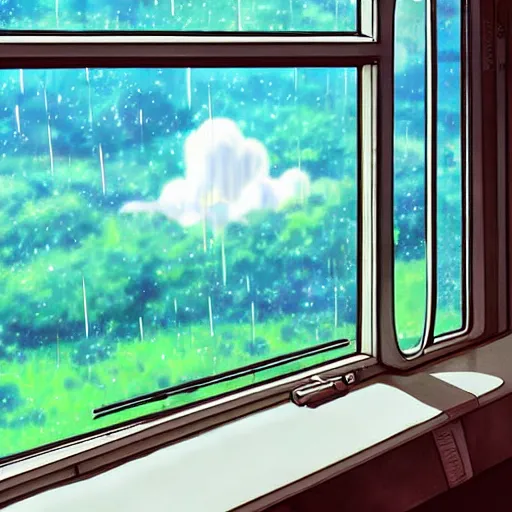 Prompt: girl look at train window, rainy day, anime, japan, ghibli, 9 0 s, retro style, aesthetic, chill, room