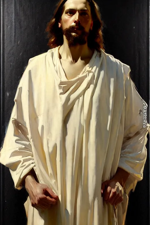 Image similar to leyendecker and solomon joseph solomon and richard schmid and jeremy lipking victorian loose genre loose painting full length portrait painting of jesus