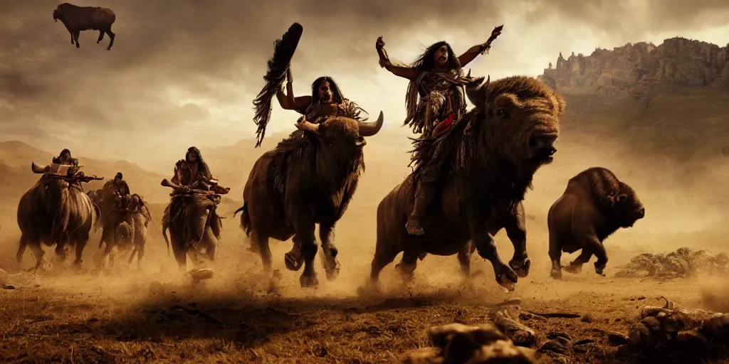 Image similar to indian tribe on wood ATV attacking bisons, action scene, an epic western, dramatic lighting, cinematic, establishing shot, extremely high detail, photorealistic, cinematic lighting, artstation, octane render, old photo, buffalo hunt movie, alpha movie, western