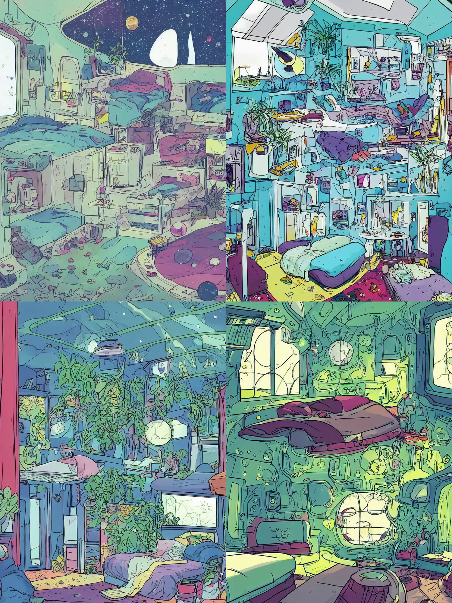 Prompt: Interior of a small, comfy bedroom on a spaceship. In the background is a large window showing outer space. Spread out around the room are lush plants. Graphic novel, bold warm and cool colours,