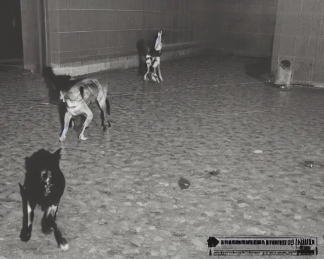 Prompt: camera footage of a 3 Aggressive Feral Black Dogs with rabies Chasing a young woman in an abandoned shopping mall, high exposure, dark, monochrome, camera, grainy, CCTV, security camera footage, timestamp, zoomed in, Feral, fish-eye lens, Nightmare Fuel, Dog, Evil, Bite, Motion Blur, horrifying, lunging at camera :4