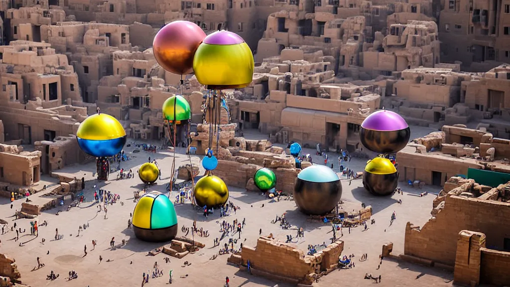 Image similar to large colorful futuristic space age metallic steampunk balloons with pipework and electrical wiring around the outside, and people on rope swings underneath, flying high over the beautiful ancient egyptian city landscape, professional photography, 8 0 mm telephoto lens, realistic, detailed, photorealistic, photojournalism