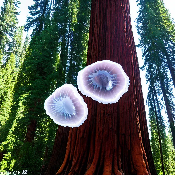 Image similar to giant jelly fish floating in air swarm among the giant sequoia trees at 2875 adanac.st vanvcouver,british columbia,canada