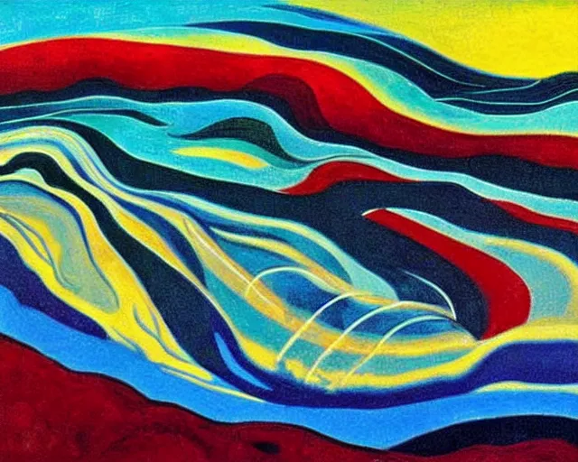 Image similar to A wild, insane, modernist landscape painting. Wild energy patterns rippling in all directions. Curves, organic, zig-zags. Saturated color. Mountains. Clouds. Rushing water. Wayne Thiebaud. Edvard Munch. Zao Wou-ki.