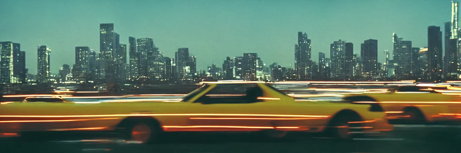 Image similar to 8 0 s neon movie still, portrait of a single car by the river with city in background, medium format color photography, blurred background, movie directed by kar wai wong, hyperrealistic, photorealistic, high definition, highly detailed, tehnicolor, anamorphic lens