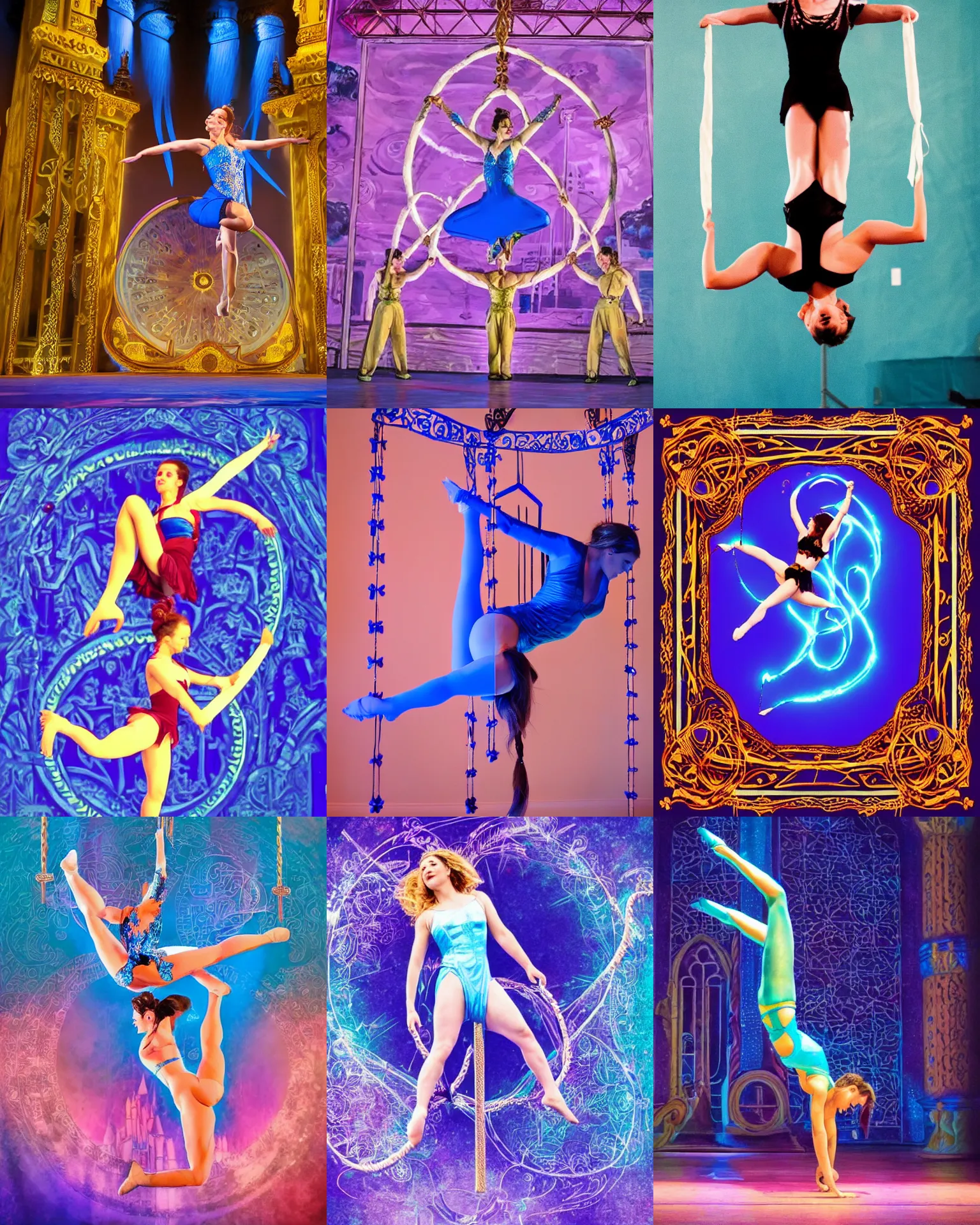 Prompt: pretty woman performing lyra, acrobat, intricate, electric blue castle background