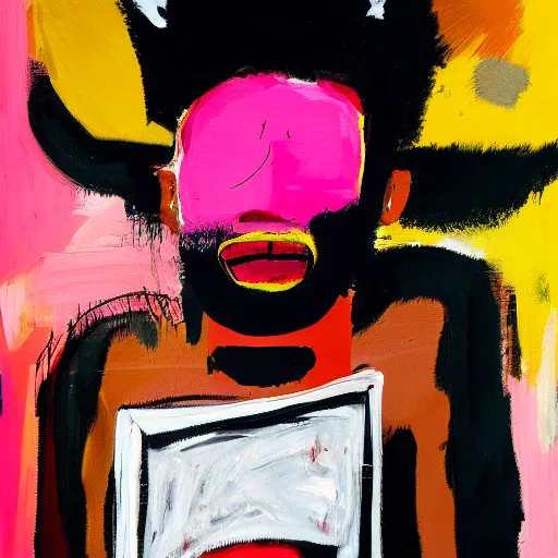 Image similar to A mirror selfie of a black handsome muscular man with white angel wings and black devil horns holding an iPhone, pitchfork, pink background, abstract jean-Michel Basquiat oil painting with thick paint strokes, oil on canvas, detailed