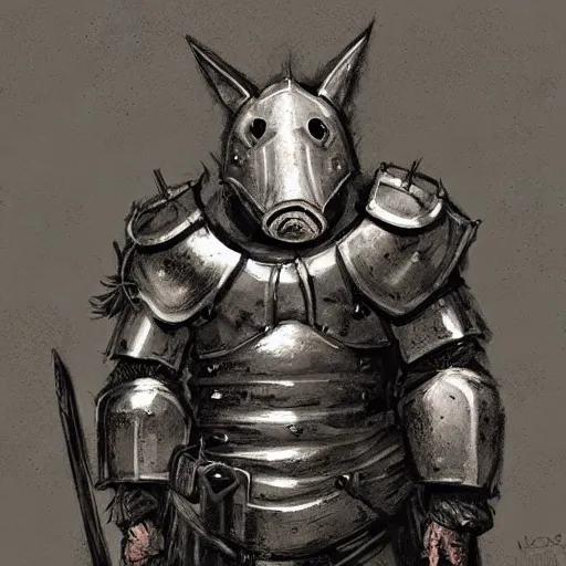 Prompt: pig wearing medieval suit of armor, illustration, concept art, art by wlop, dark, moody, dramatic