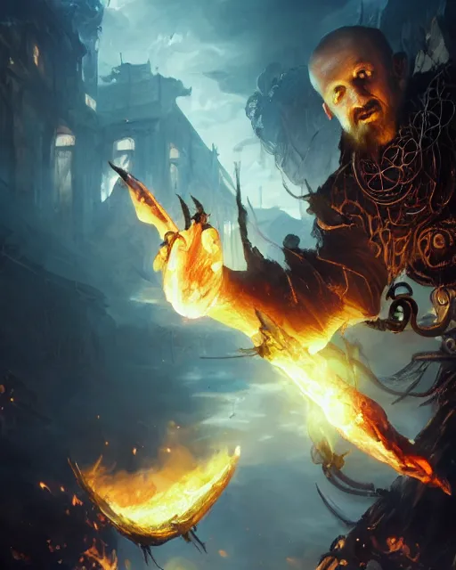 Image similar to oil painting of Rozemyne casting fire magic spell, evil, sharp focus, fantasy style, octane render, volumetric lighting, 8k high definition, by greg rutkowski, highly detailed, trending on art Station, magic the gathering artwork, very dark steampunk city backround, centered