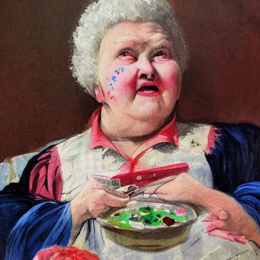 Prompt: of a very funny academic style mixed media style. a sweet fat old woman is in love with her self. flowery dress. symmetrical face, red mouth, blue eyes. a flowery dress. deep focus, lovely scene. a very funny and sweet picture. unreal engine. pencil and ink. goya painting style.