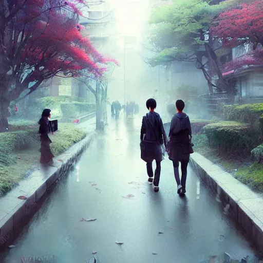 Image similar to walking from naka - meguro, tokyo. volumetric lighting, spring late morning, nice slight overcast weather, realistic illustration, perfectly shaded, soft painting, art by krenz cushart and wenjun lin