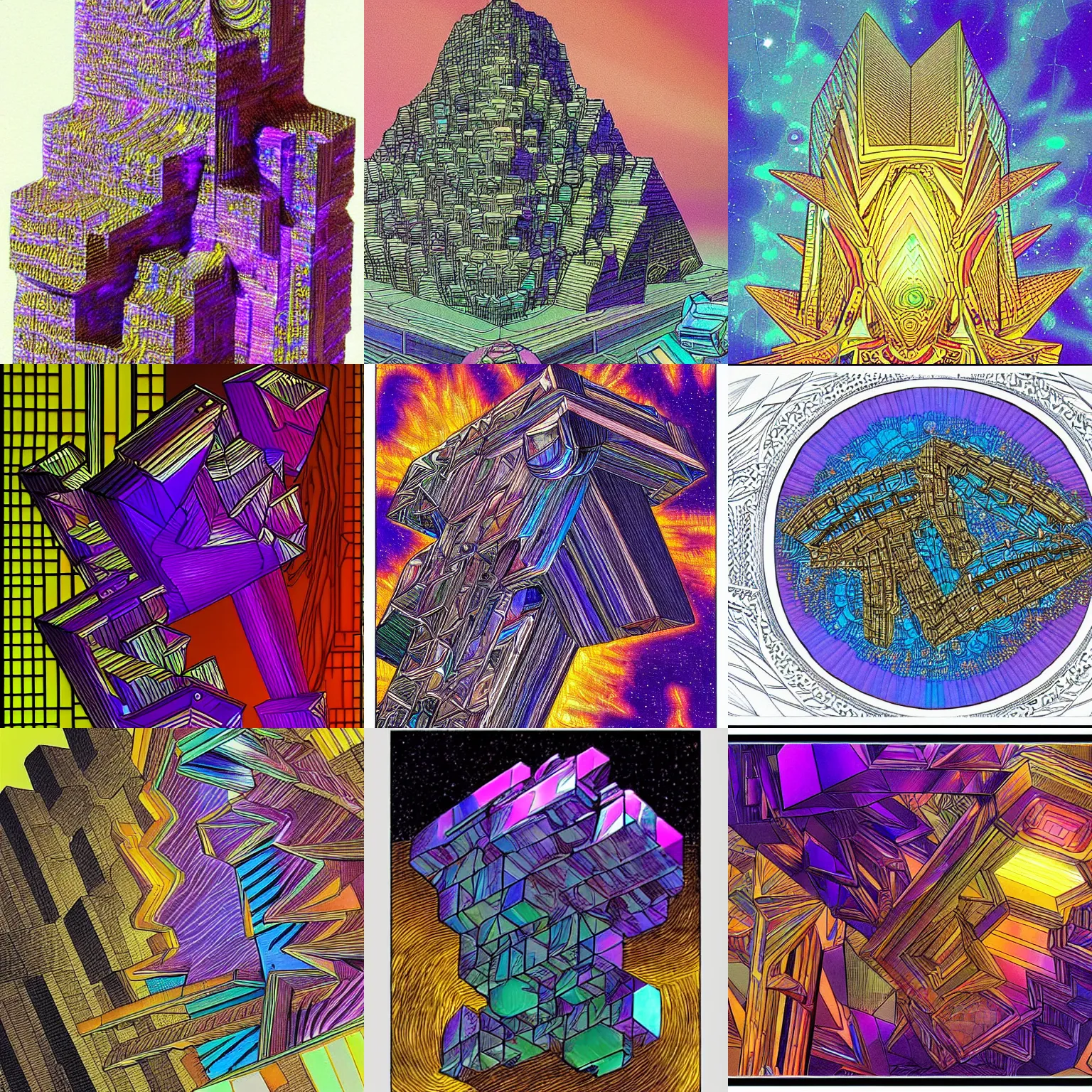 Prompt: bismuth crystal. detailed intricate, dynamic light, artwork by moebius