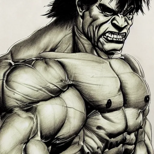 Prompt: Yoji Shinkawa drawing of The Hulk eating a bike