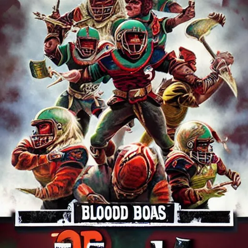 Image similar to blood bowl game poster, elves playing versus humans, intense game, nfl style, high quality, in style of tarantino