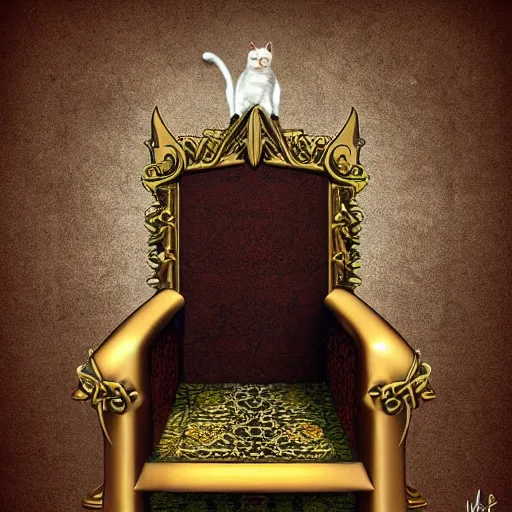 Image similar to cat crowned sitted on throne, castle environment, digital art