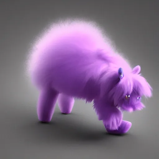 Image similar to purple fluffy animal running happily, hyperrealistic 4 k ultra detail 3 d render