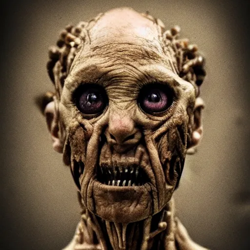Prompt: a humanoid monster composed of larvae, realistic, creepy, award winning photography, disgusting, disquieting