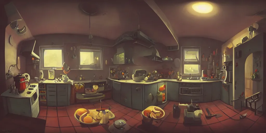 Image similar to minimalistic kitchen dim lit by a candle simon stalenhag gerald brom, fisheye camera, extreme perspective