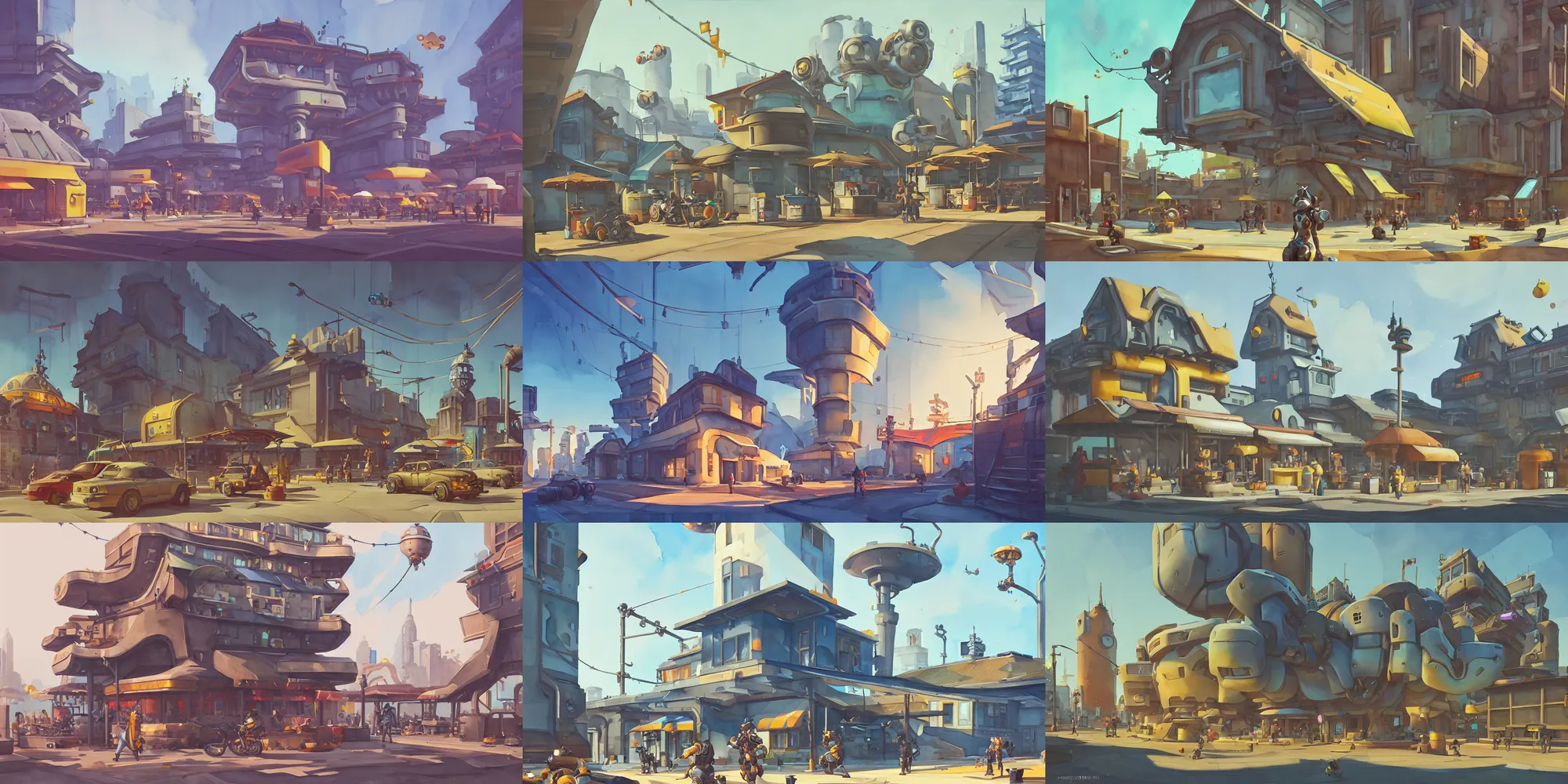 Prompt: overwatch building, stylized, exterior, architecture, in watercolor gouache detailed paintings, insanely detail, artstation, 8 k, futuristic, big medium small, arcane, simon stalenhag, food stall, interesting shapes & form, golden ratio