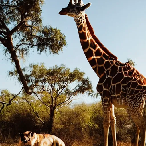 Prompt: a Giraffe-Pug Hybrid, A Giraffe that looks like a pug, huge tusks, afternoon hangout, good times photograph, candid